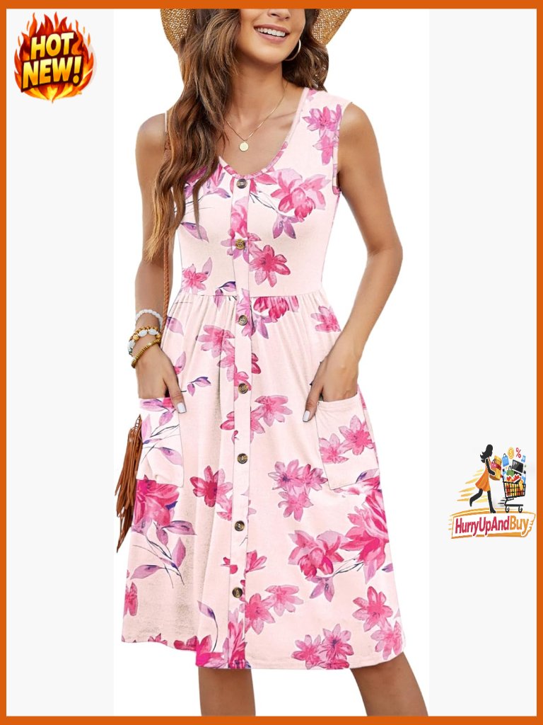 Sleeveless Casual Swing Midi Dress With Pockets Loose Fit Summer Elegant